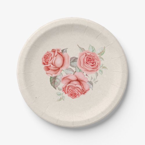 Vintage Peach Coral Roses Greenery Leaves Wedding Paper Plates