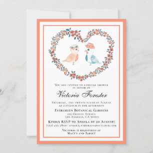 Vintage Peach Floral Love Birds Bridal Shower Invitation