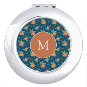 Vintage Peach Flower Pattern Dark Blue Monogram Compact Mirror