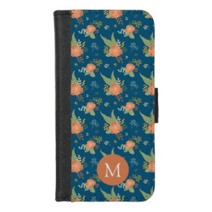 Vintage Peach Flower Pattern Dark Blue Monogram iPhone 8/7 Wallet Case