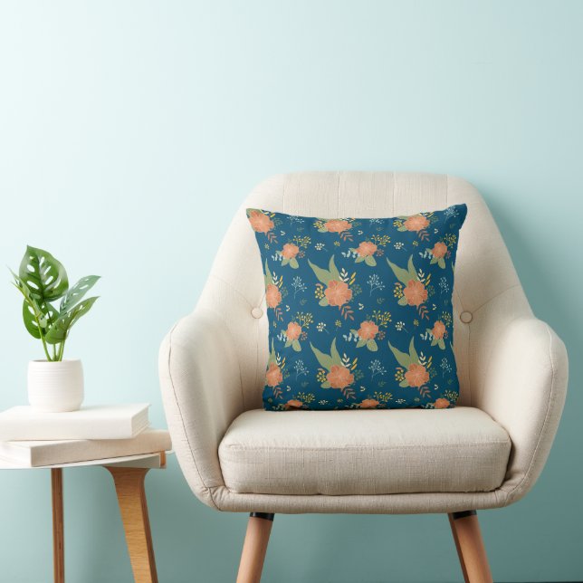 Vintage Peach Flower Pattern Dark Blue Throw Pillow (Chair)