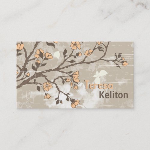 Vintage peach flowers floral grunge taupe business card