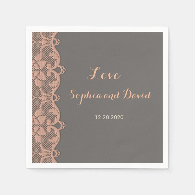Vintage Peach Grey Lace Wedding Custom Napkins (Front)