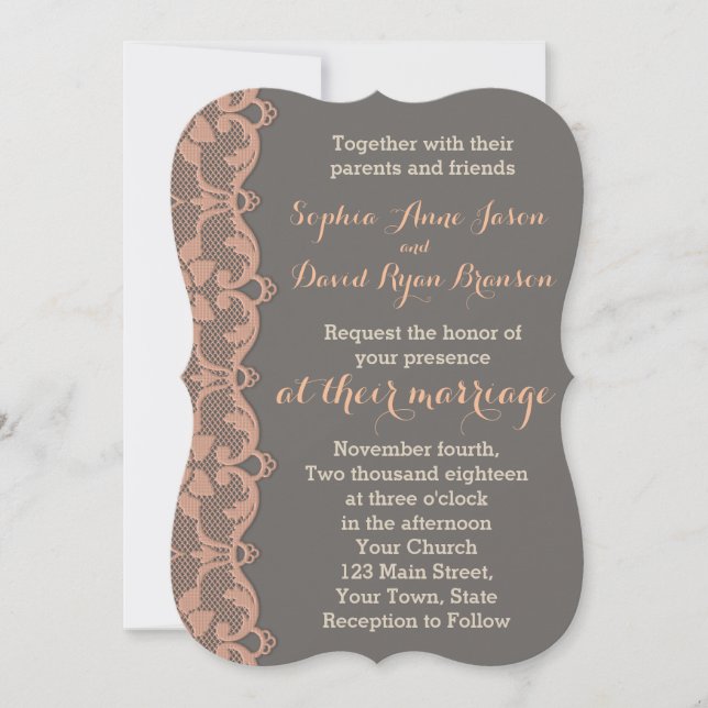 Vintage Peach Grey Lace Wedding Invitation (Front)