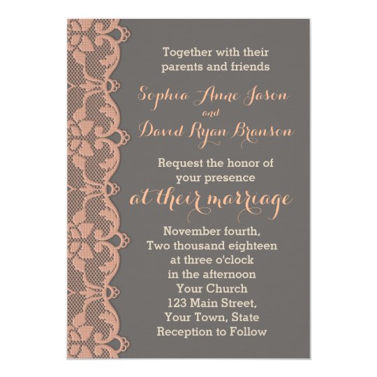 vintage peach grey lace wedding invitation zazzle com