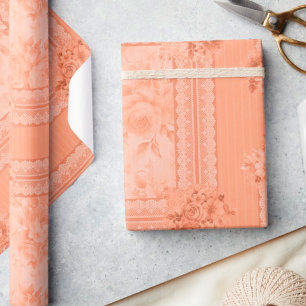 Vintage Peach Lace Faded Roses Wrapping Paper