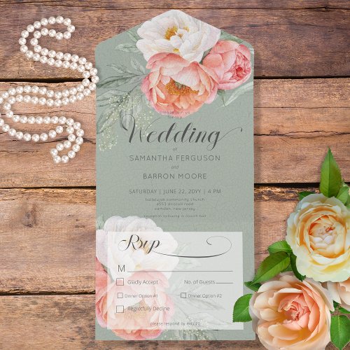 Vintage Peach Peonies on Sage Green Dinner All In One Invitation