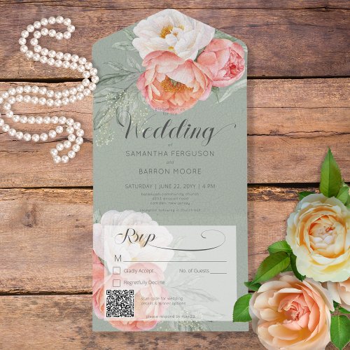 Vintage Peach Peonies on Sage Green QR Code All In One Invitation
