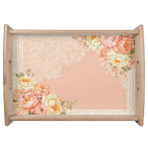 Vintage Peach Peony Lace Floral Serving Tray
