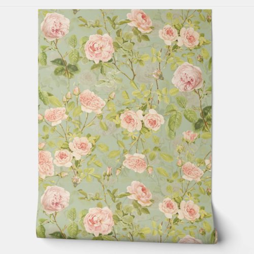 Vintage Peach Rococo Roses Luxury Garden Wallpaper