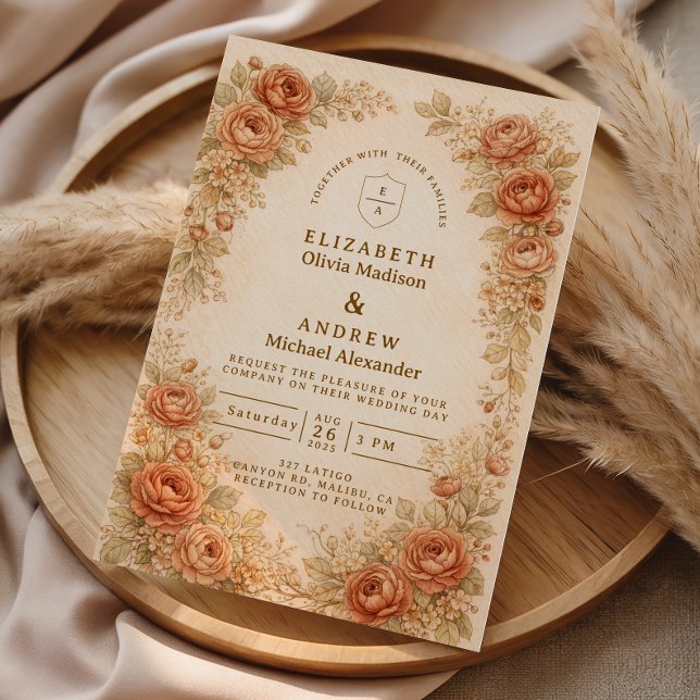 Vintage Peach Rose Floral Wedding Invitation (Creator Uploaded)