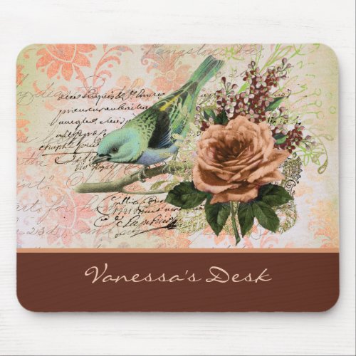 Vintage Peach Rose Handwriting and Bird on Rust  Mouse Pad
