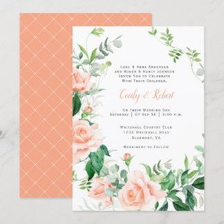 Vintage Peach Roses Greenery White Lattice Wedding Invitation