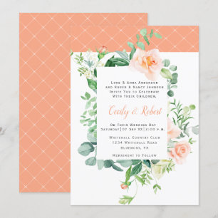 Vintage Peach Roses Greenery White Lattice Wedding Invitation