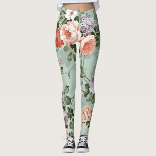 Vintage Peach Roses Leggings