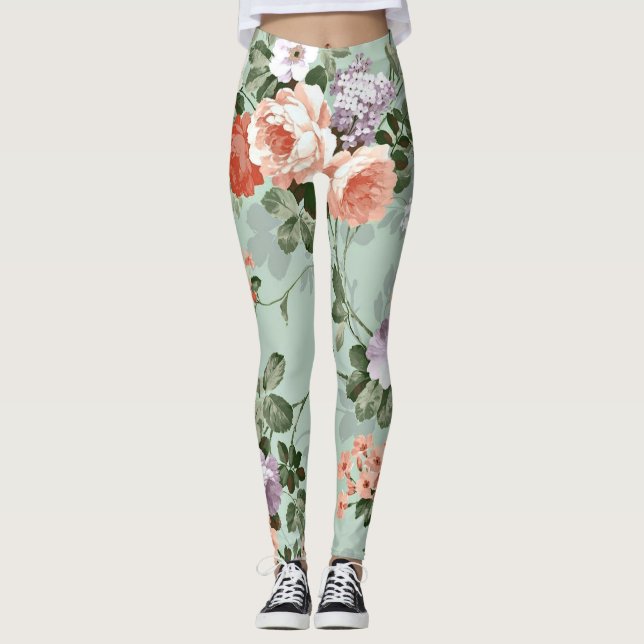 Vintage Peach Roses Leggings (Front)