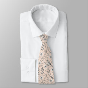 Vintage Peach Songbird Wildflower Pattern Neck Tie
