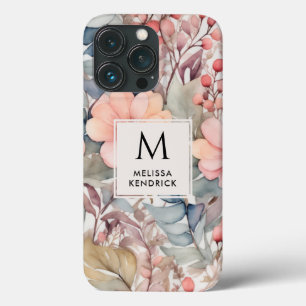 Vintage Peach Wildflowers Watercolor Monogram Name iPhone 13 Pro Case