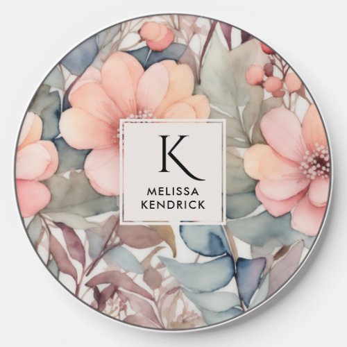 Vintage Peach Wildflowers Watercolor Monogram Name Wireless Charger