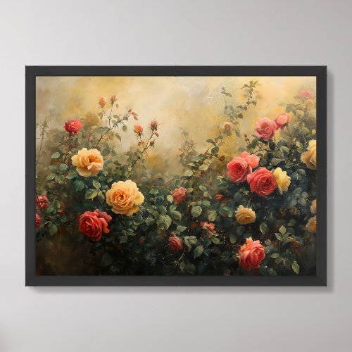 vintage peach yellow and blush roses garden wall framed art