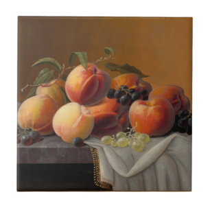 Vintage Peaches Grapes Fruit Still Life Painting Ceramic Tile