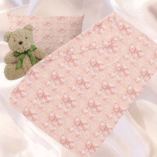 Vintage Peachy Floral Toile Bows Baby Blanket