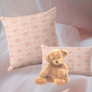 Vintage Peachy Floral Toile Bows Throw Pillow