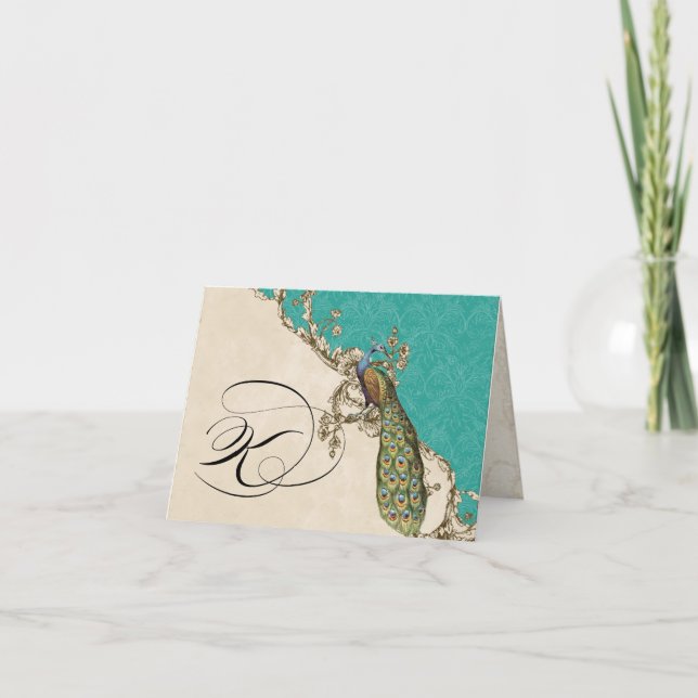 Vintage Peacock 1 Monogrammed Initial Notecard - K (Front)