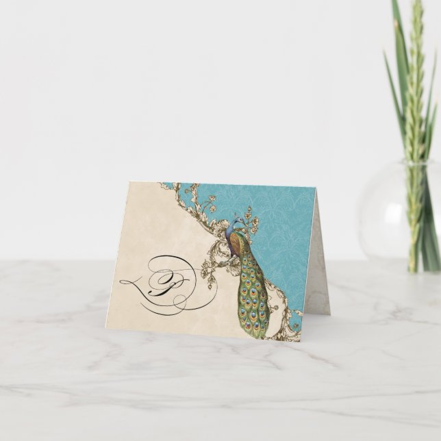 Vintage Peacock 1 Monogrammed Initial Notecard - P (Front)