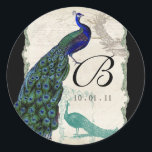 Vintage Peacock 5 - Wedding Seal or Sticker<br><div class="desc">There is a touch of whimsy and fun in this design featuring two vintage peacocks, one in full intense colors of cobalt, peacock, and aqua blue with purple and green, the other is a pen and ink drawing in peacock blue. You have your choice of background colors, shown here in...</div>