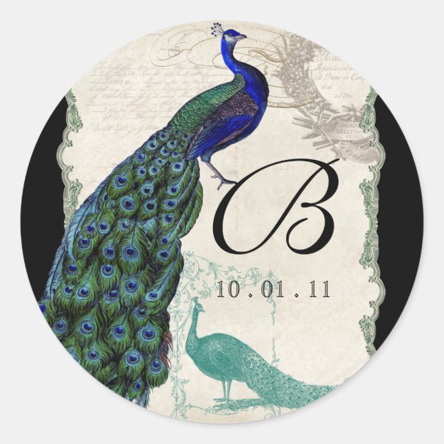 Vintage Peacock 5 - Wedding Seal or Sticker (Front)