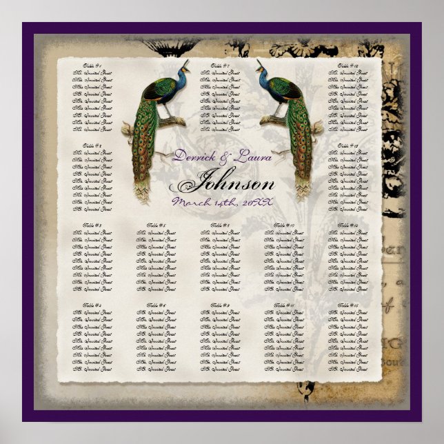 Vintage Peacock 6 - Reception Table Seating Chart (Front)