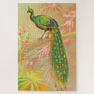 Vintage Peacock and flowers painting Jigsaw Puzzle