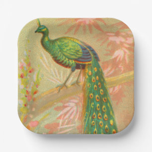 Vintage Peacock and flowers painting Paper Plates