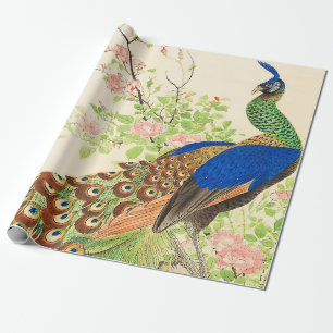Vintage Peacock and flowers painting Wrapping Paper