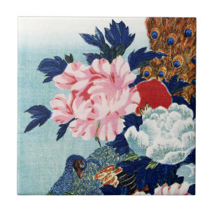 Vintage Peacock and peonies flowers painting Ceramic Tile