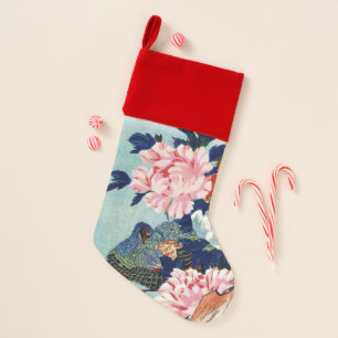 Vintage Peacock and peonies flowers painting Christmas Stocking