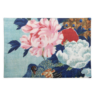 Vintage Peacock and peonies flowers painting Cloth Placemat