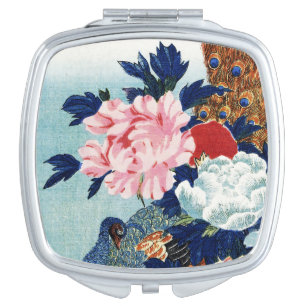 Vintage Peacock and peonies flowers painting Compact Mirror