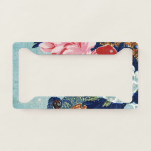 Vintage Peacock and peonies flowers painting License Plate Frame