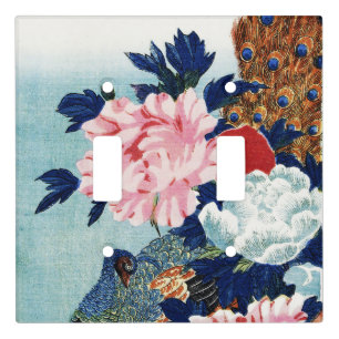 Vintage Peacock and peonies flowers painting Light Switch Cover
