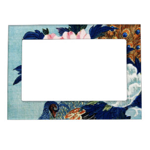 Vintage Peacock and peonies flowers painting Magnetic Frame