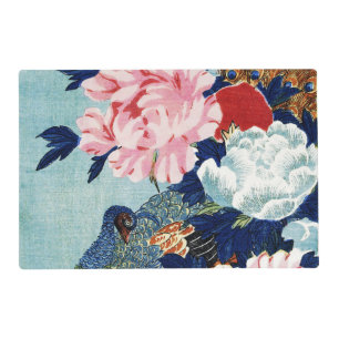 Vintage Peacock and peonies flowers painting Placemat