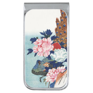 Vintage Peacock and peonies flowers painting Silver Finish Money Clip