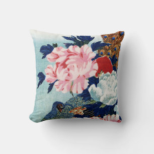 Vintage Peacock and peonies flowers painting Throw Pillow