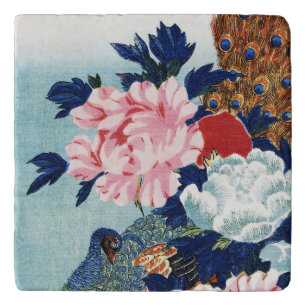 Vintage Peacock and peonies flowers painting Trivet