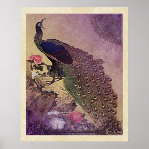 Vintage Peacock and Peonies Japanese Print
