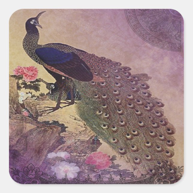 Vintage Peacock and Peonies Japanese Print Square Sticker (Front)