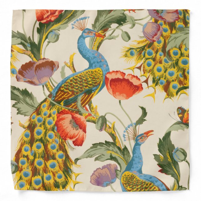 Vintage Peacock and poppies illustrations Bandana (Front)