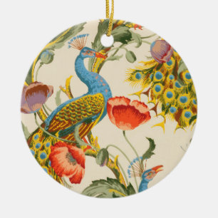 Vintage Peacock and poppies illustrations Ceramic Ornament